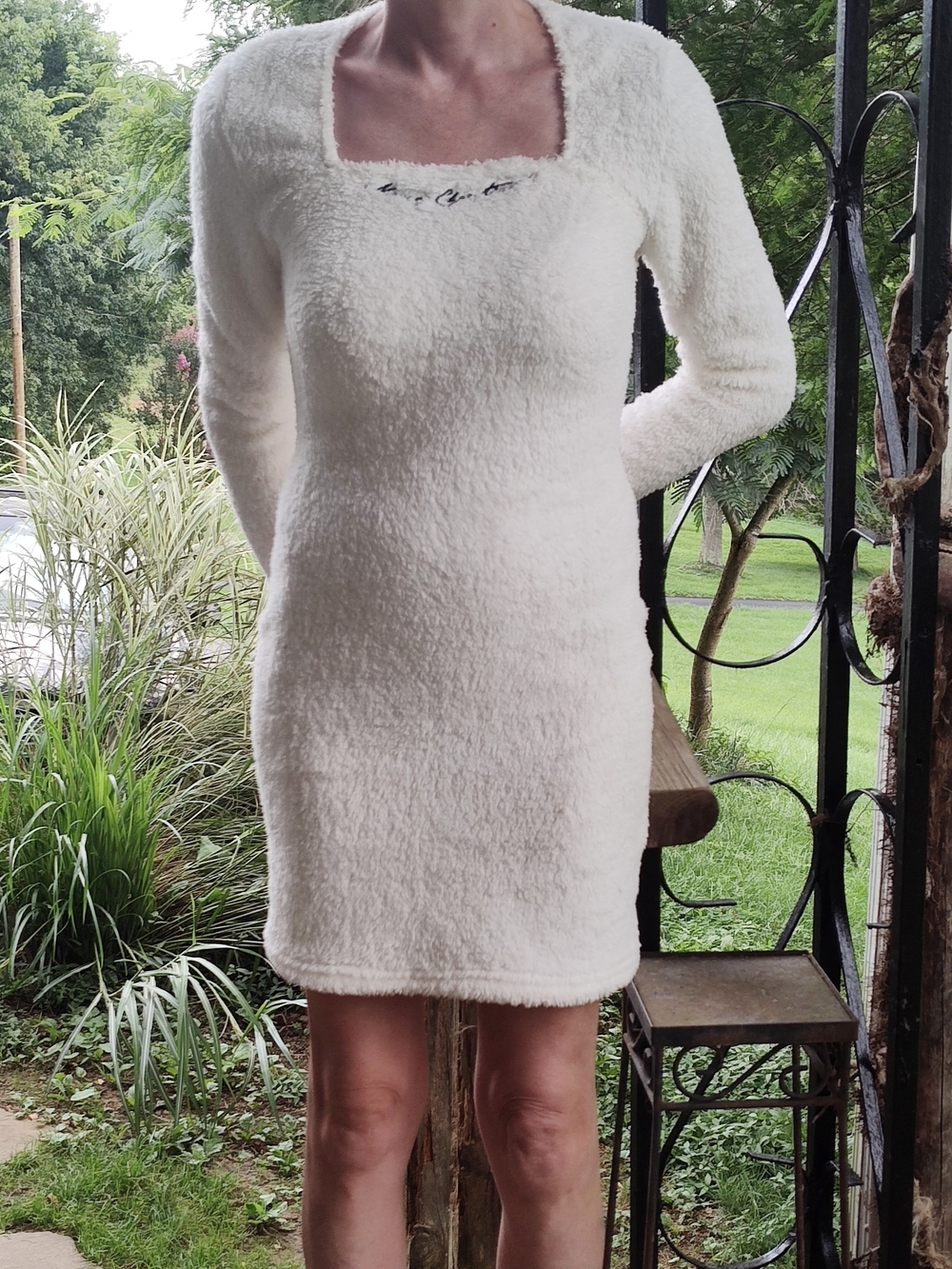 White Plush/Fuzzy/Fluffy Long-Sleeve Square Neck Dress